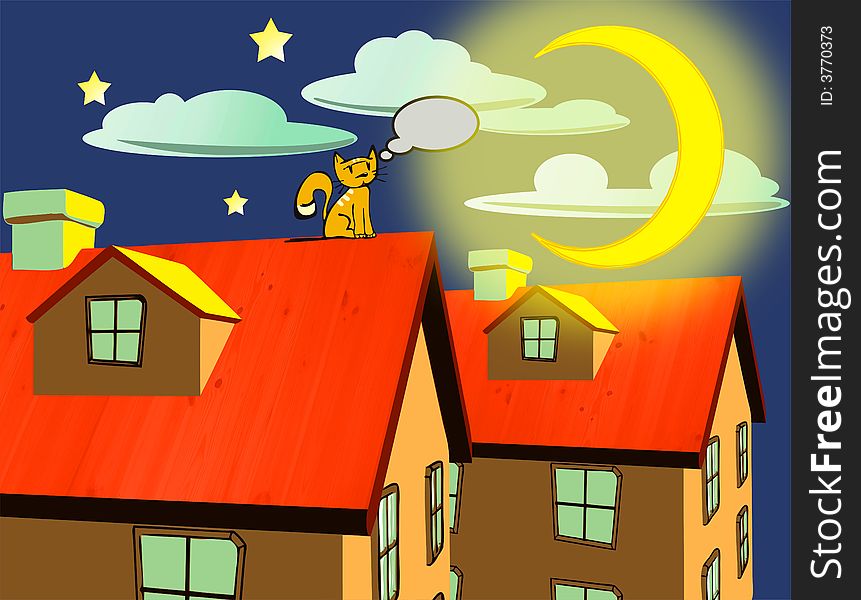 Illustration of an urban landscape with a cat on a roof thinking and watching the moon.