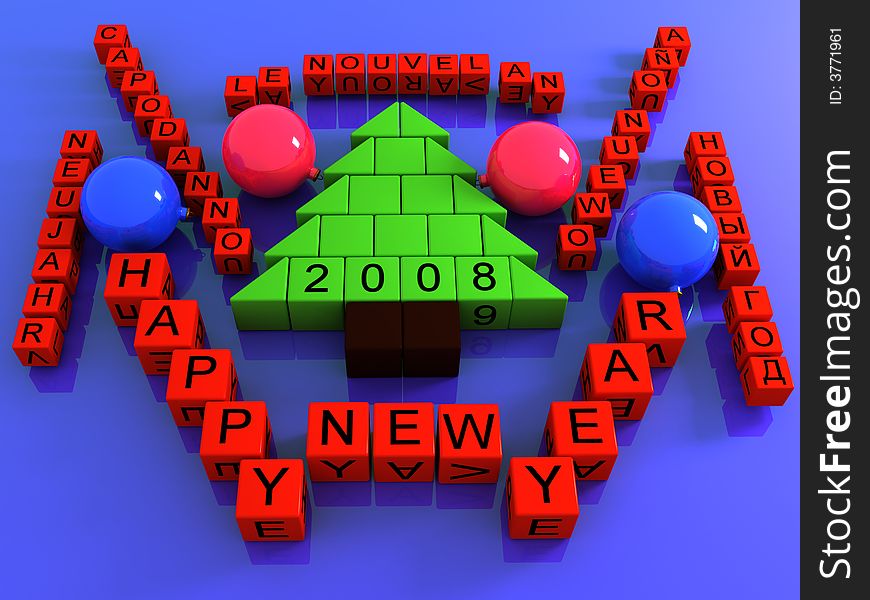 New Years tree Happy new year In different languages with balls 3D model. New Years tree Happy new year In different languages with balls 3D model