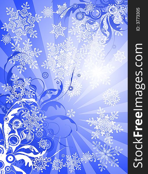 Blue winter background - floral ornament & snowflakes. Blue winter background - floral ornament & snowflakes