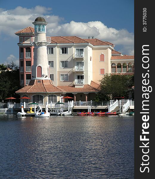 Vacation Resort Buildings Lighthouse and Blue Lake. Vacation Resort Buildings Lighthouse and Blue Lake