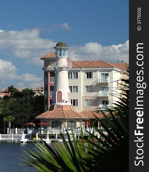 Vacation Resort Buildings Lighthouse and Blue Lake. Vacation Resort Buildings Lighthouse and Blue Lake