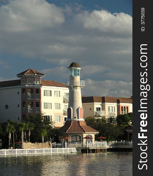 Vacation Resort Buildings Lighthouse and Blue Lake. Vacation Resort Buildings Lighthouse and Blue Lake