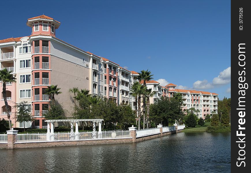 Vacation Resort Buildings Blue Lake and Sky. Vacation Resort Buildings Blue Lake and Sky