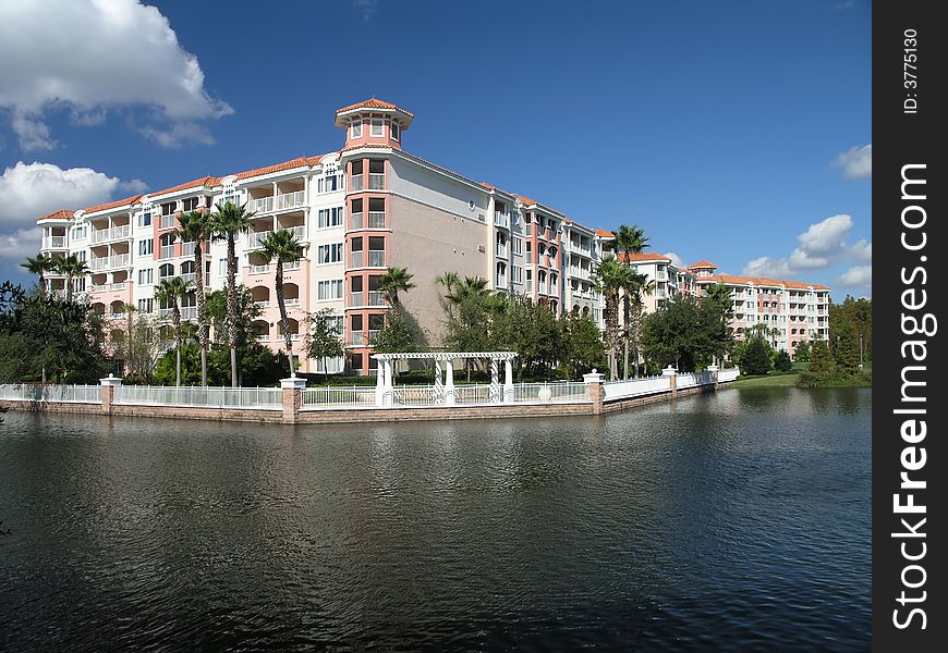 Vacation Resort Buildings Blue Lake and Sky. Vacation Resort Buildings Blue Lake and Sky