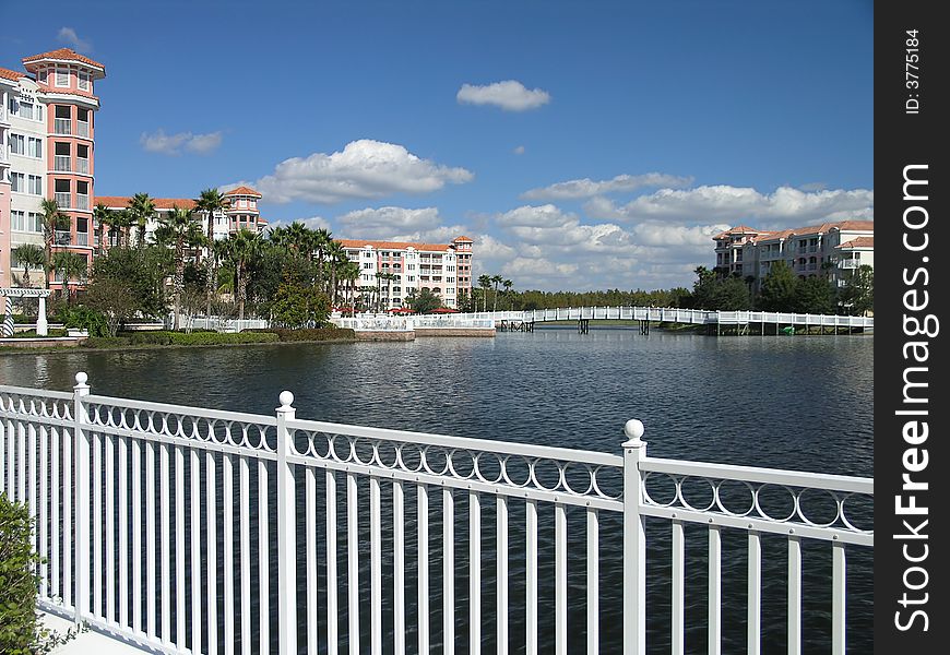 Vacation Resort Buildings White Bridge and Blue Lake. Vacation Resort Buildings White Bridge and Blue Lake