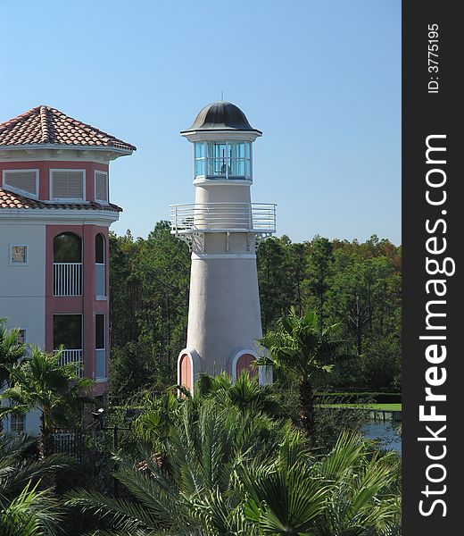 Vacation Resort White Lighthouse and blue sky. Vacation Resort White Lighthouse and blue sky