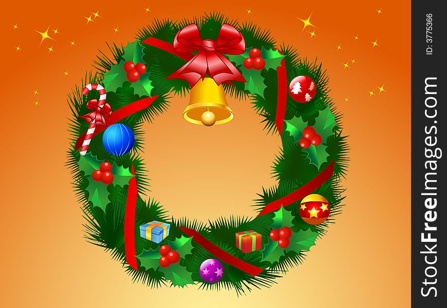 Illustration of Christmas wreath in shiny stars background.