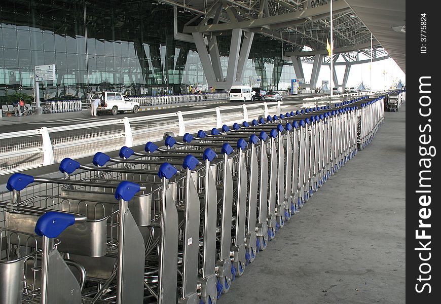 Rows of trolley at the airport ready to be used by the traveller