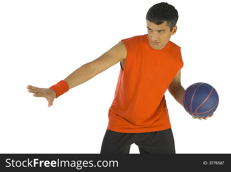 Young man playing basketball. He's dressed orange T-shirt. White background, front view. Young man playing basketball. He's dressed orange T-shirt. White background, front view.