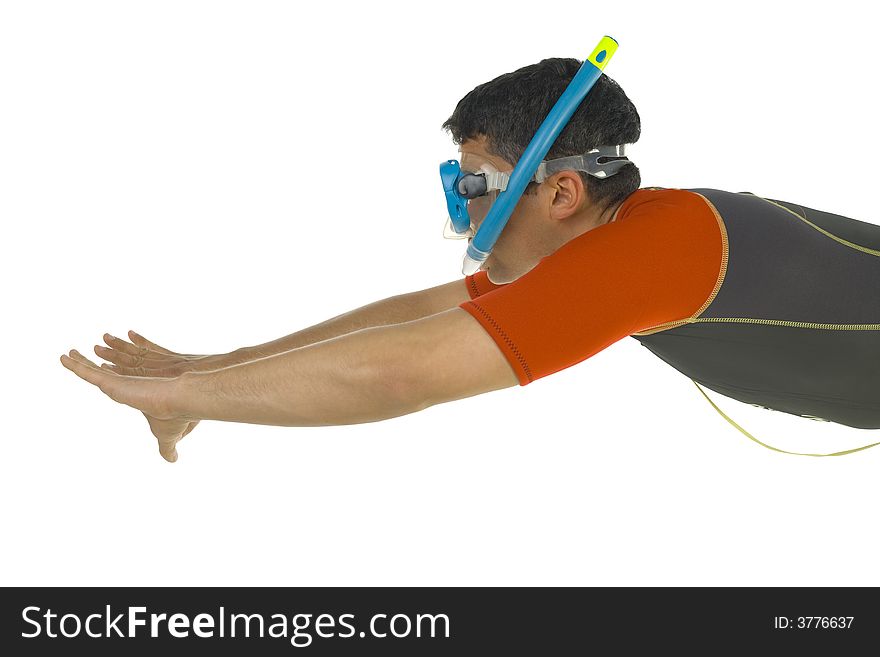 Young man diving with snorkel. White background, side view. Young man diving with snorkel. White background, side view.
