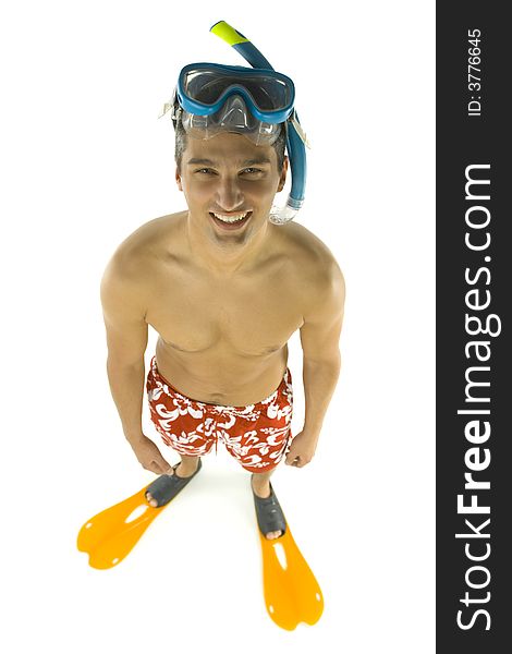 Happy man with snorkel, diving mask and . Isolated on white background. Looking at camera,high angle view. Happy man with snorkel, diving mask and . Isolated on white background. Looking at camera,high angle view