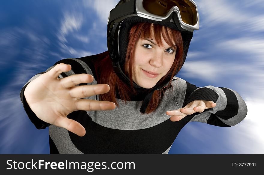 Cute girl freely snowboarding or flying in a blue sky.

Studio shot, composite. Cute girl freely snowboarding or flying in a blue sky.

Studio shot, composite.