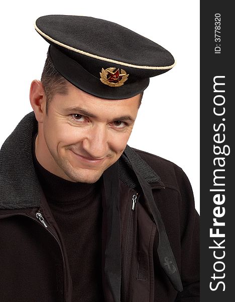 Military sailor wearing uniform black cap and jacket. Military sailor wearing uniform black cap and jacket