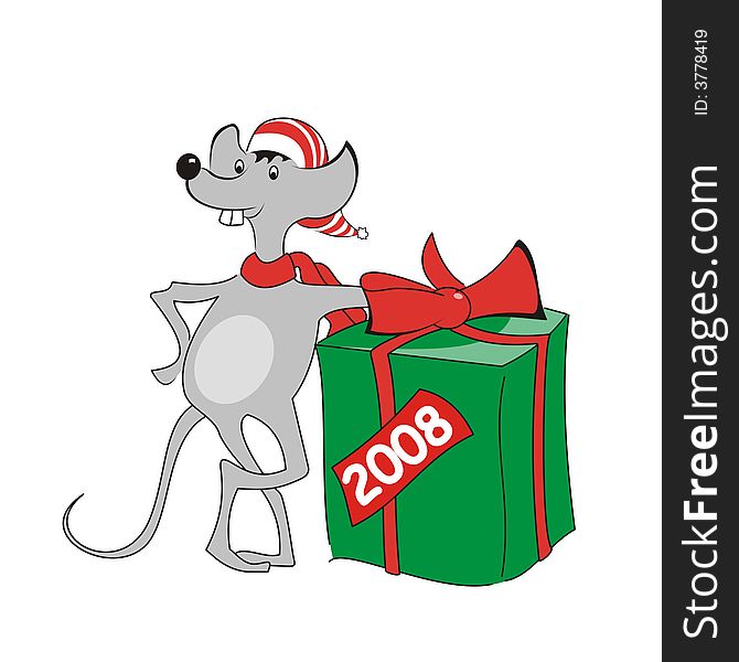 The grey mouse with New Year gift. The grey mouse with New Year gift