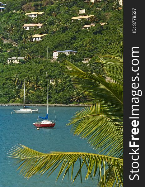 Sailboats anchored off Tortola Island in the British Virgin Islands BVI. Sailboats anchored off Tortola Island in the British Virgin Islands BVI