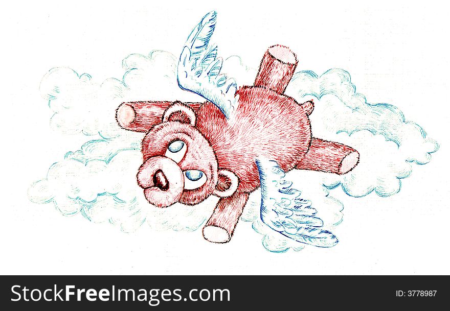 A rose bear flying in clouds. Material: water-colour, paper.