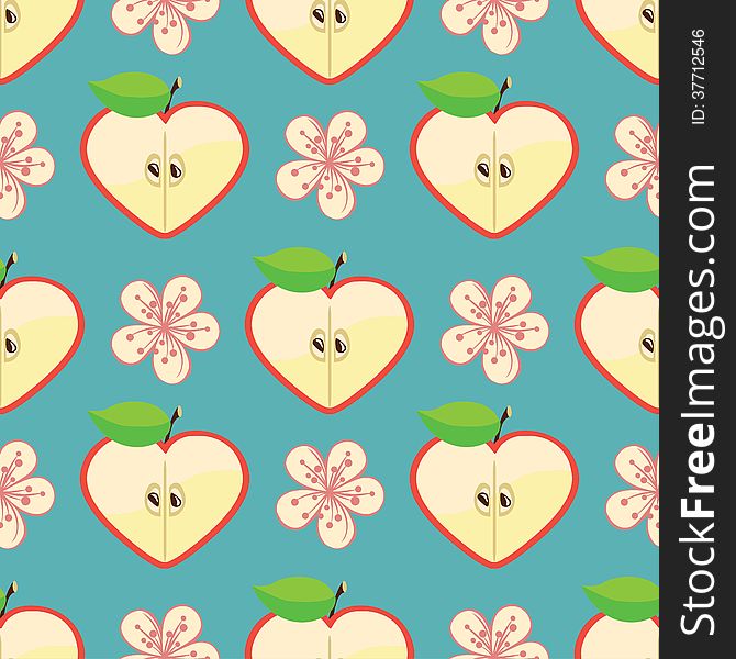 Apple, halves heart shaped and flowers on the pink background.Сartoon  Оrnament.Vector seamless pattern ,background, packing,Wallpaper,fabric,childrens figure. Apple, halves heart shaped and flowers on the pink background.Сartoon  Оrnament.Vector seamless pattern ,background, packing,Wallpaper,fabric,childrens figure.