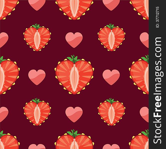 Strawberry halves heart shaped and heart on the magenta background.Cartoon ornament.Vector seamless pattern ,background, packing,Wallpaper,fabric,childrens figure. Strawberry halves heart shaped and heart on the magenta background.Cartoon ornament.Vector seamless pattern ,background, packing,Wallpaper,fabric,childrens figure.