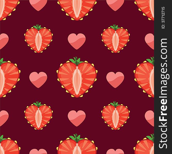 Heart of strawberry and hearts in seamless pattern