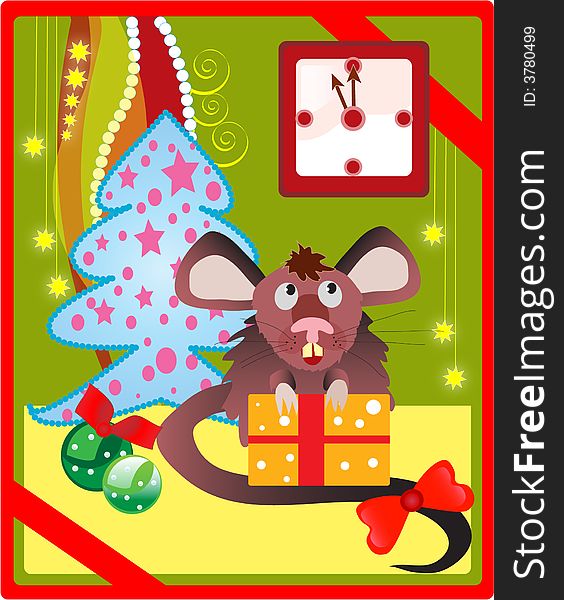 The rat with a gift. Christmas illustration.