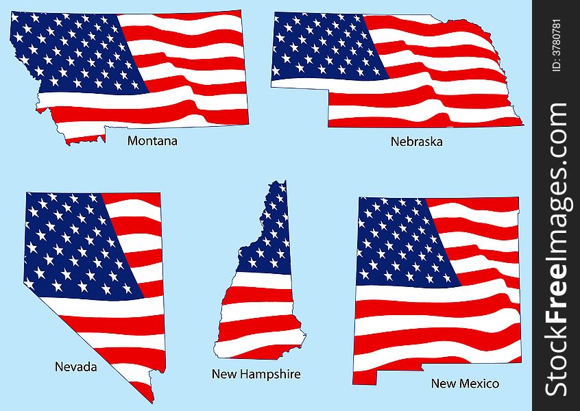 Montana, Nebraska, Nevada, New Hampshire and New Mexico outlines with flags, each individually grouped. Montana, Nebraska, Nevada, New Hampshire and New Mexico outlines with flags, each individually grouped