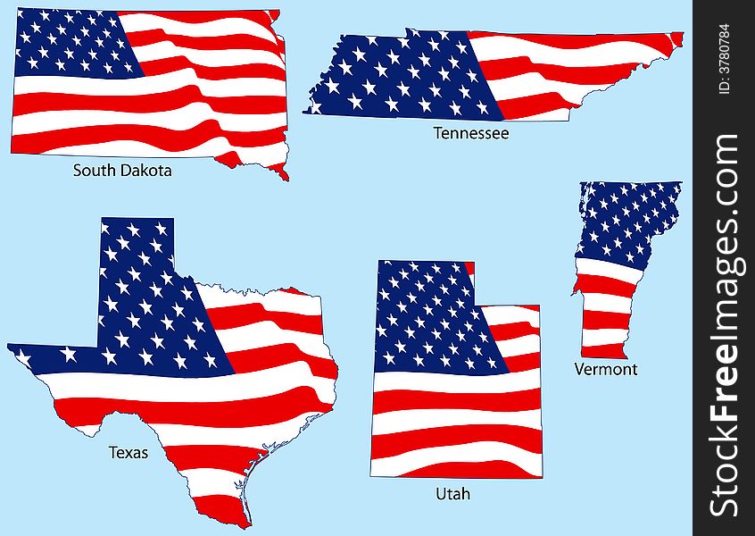 South Dakota, Tennessee, Texas, Utah and Vermont outlines with flags, each individually grouped. South Dakota, Tennessee, Texas, Utah and Vermont outlines with flags, each individually grouped