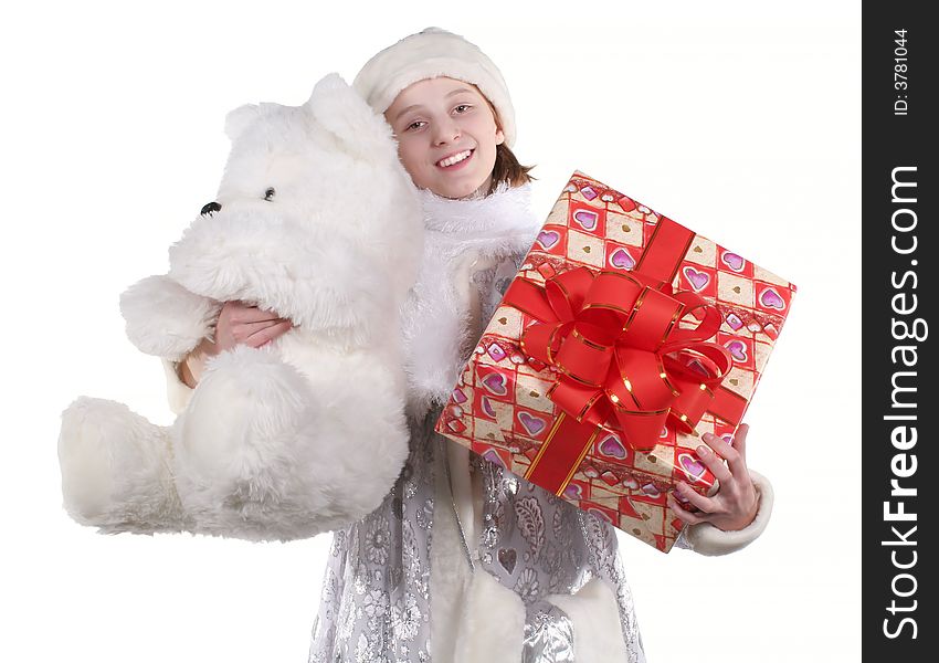 A celebratory card.
 The smiling girl in clothes of a Snow Maiden with gifts on a white background. Isolated. Studio. A celebratory card.
 The smiling girl in clothes of a Snow Maiden with gifts on a white background. Isolated. Studio.