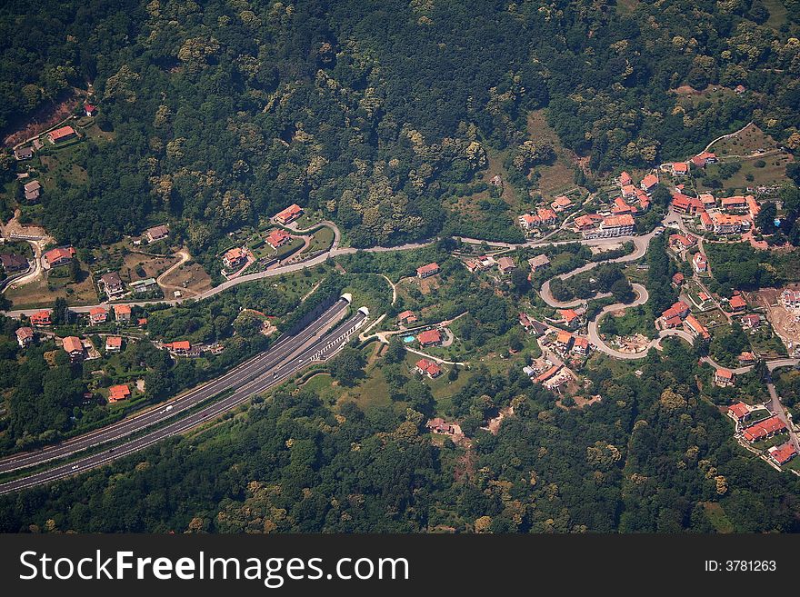 Aerial view of A26 super route, located near Maggiore lake