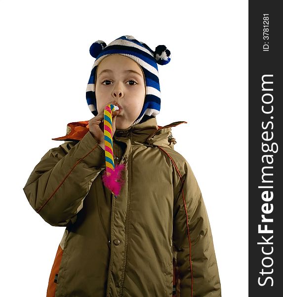 The boy in a funny cap  with toy on a white background. Isolated. Studio. The boy in a funny cap  with toy on a white background. Isolated. Studio.