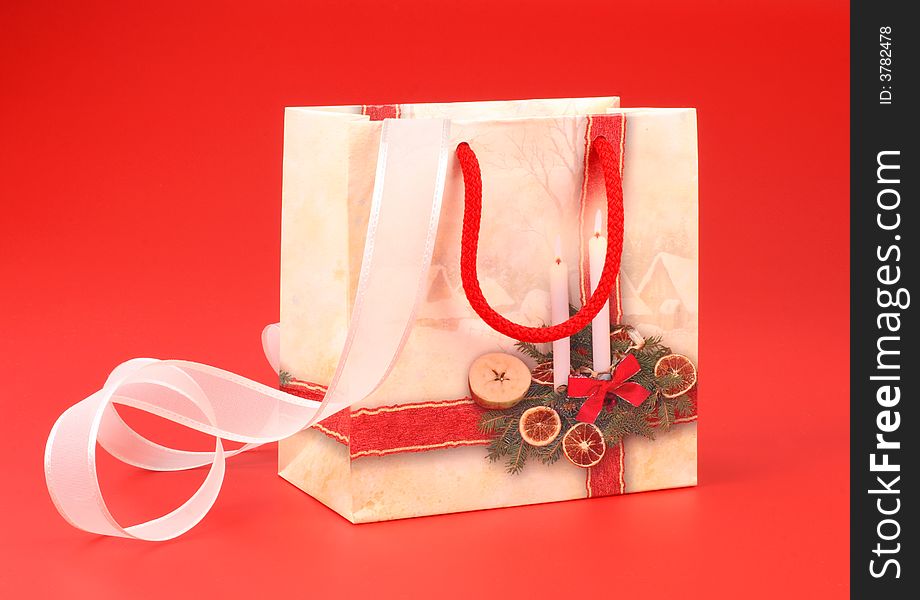 Christmas gift on red background