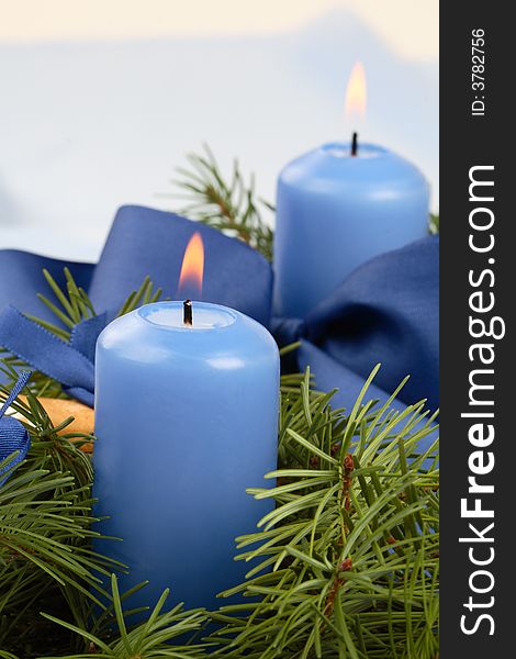 Christmas candlestick- pine and blue candles