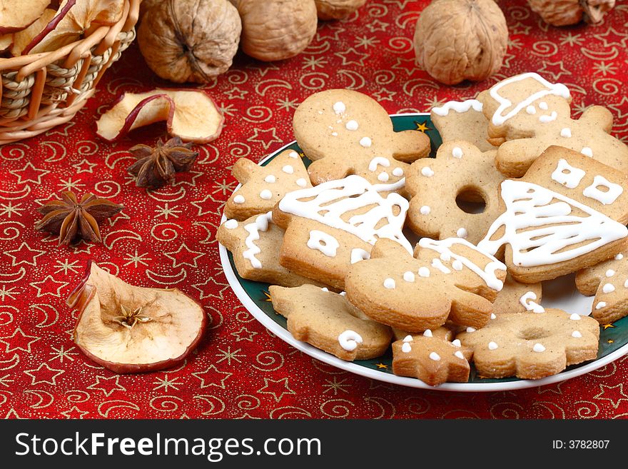 Christmas gingerbread cookies, dried apples, walnuts