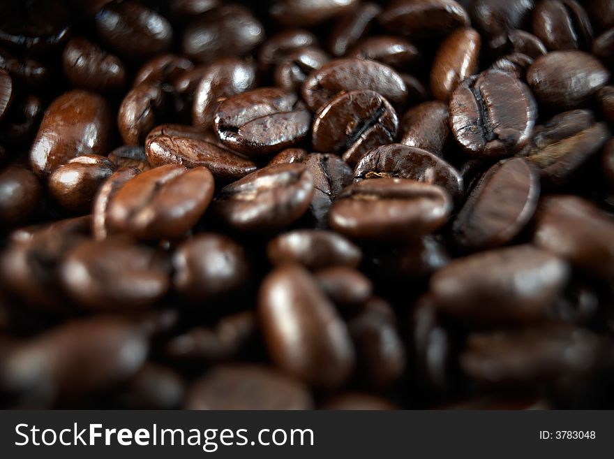 Macro or closeup of coffee beans with a very narrow depth of field
