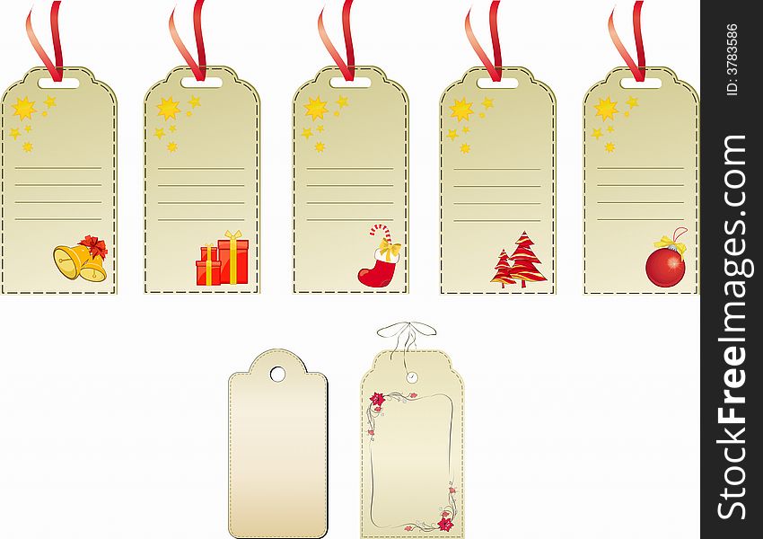 Assorted Christmas gift tags with candy canes, ball, gift, tree and more.