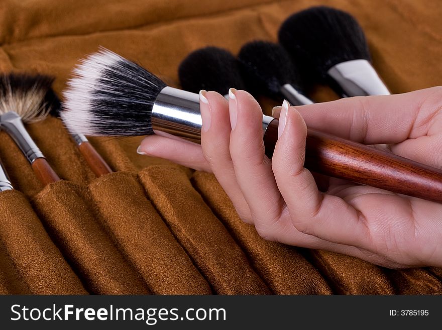 Brushes of the visagiste in a hand