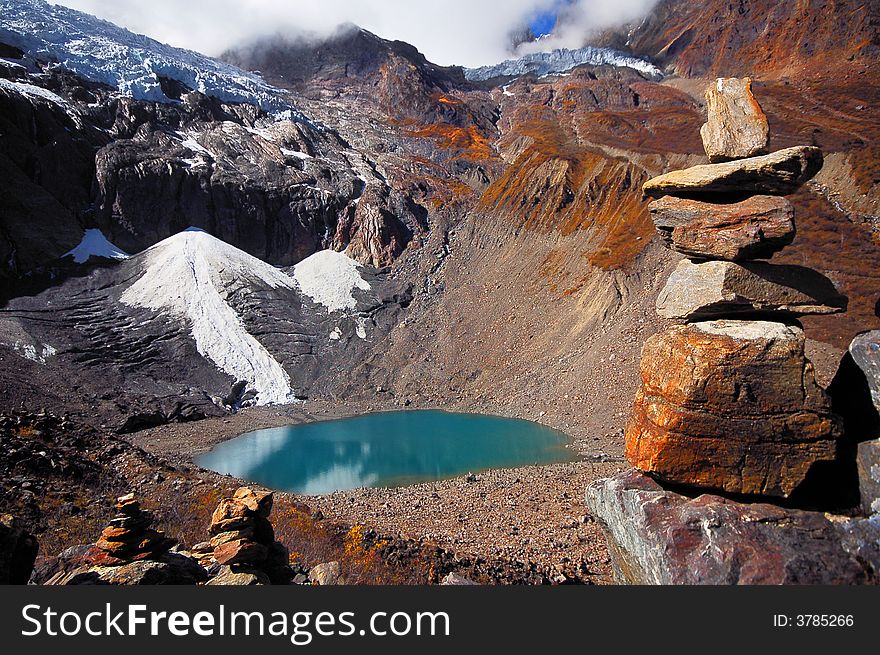 The rocks were piled by Tibetan for praying. The rocks were piled by Tibetan for praying.