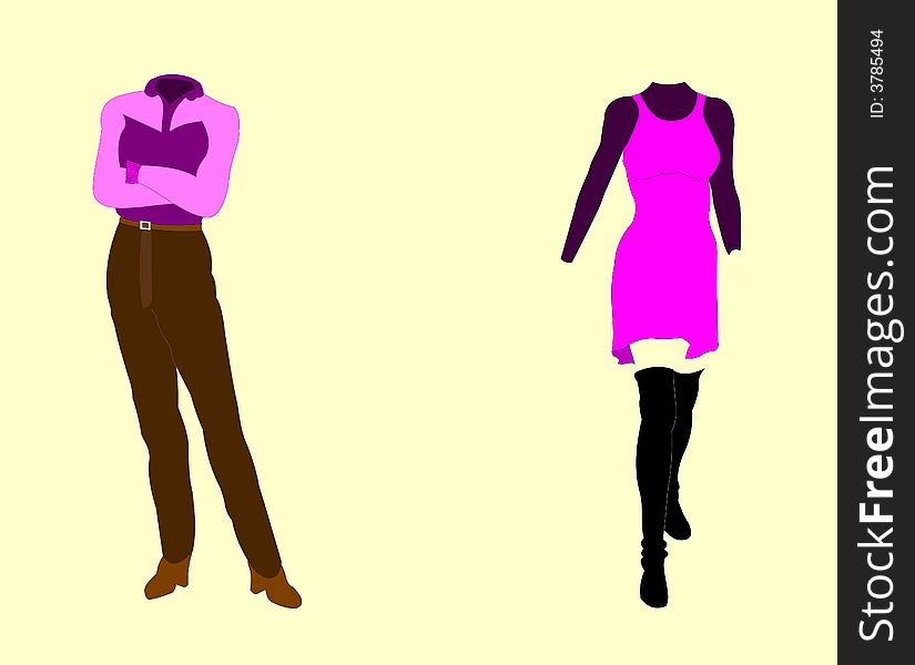 Two clothing outfits. One pantsuit and one pink dress. White background is on a work path. Two clothing outfits. One pantsuit and one pink dress. White background is on a work path