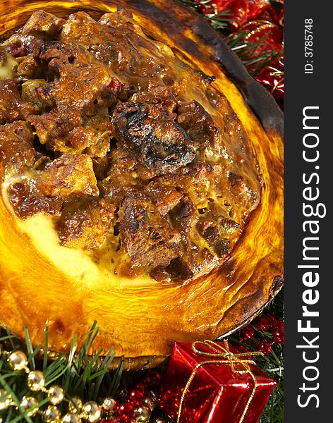 Xmas pumpkin stuffed with meat