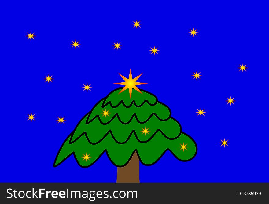 Simple christmas tree cartoon illustration with star snowflakes