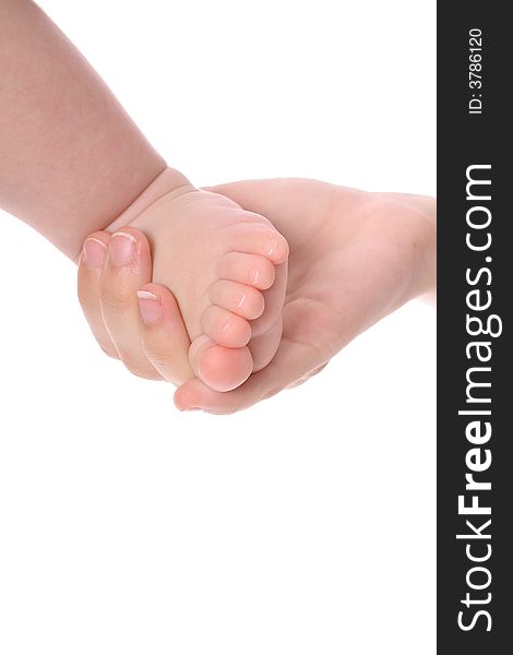 Mother holding babys foot isolated on a white background