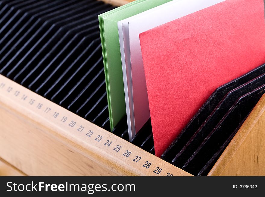 Shoot of envelopes in the wooden box. Shoot of envelopes in the wooden box.