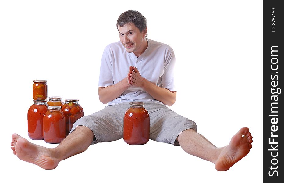 Fun man which very like tomato and tomato juice; isolated image. Fun man which very like tomato and tomato juice; isolated image