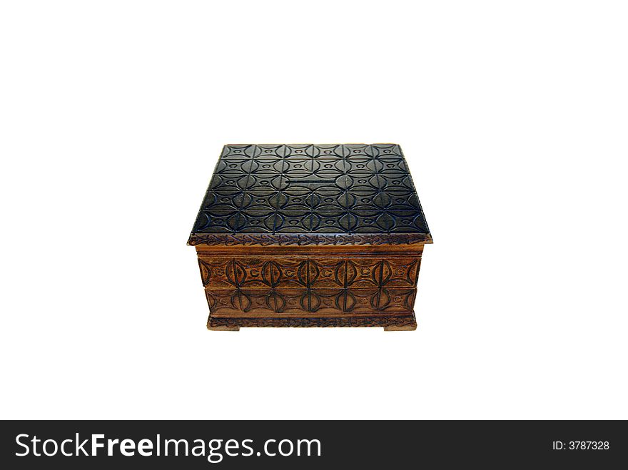 Wooden treasure chest keepsake box over white background