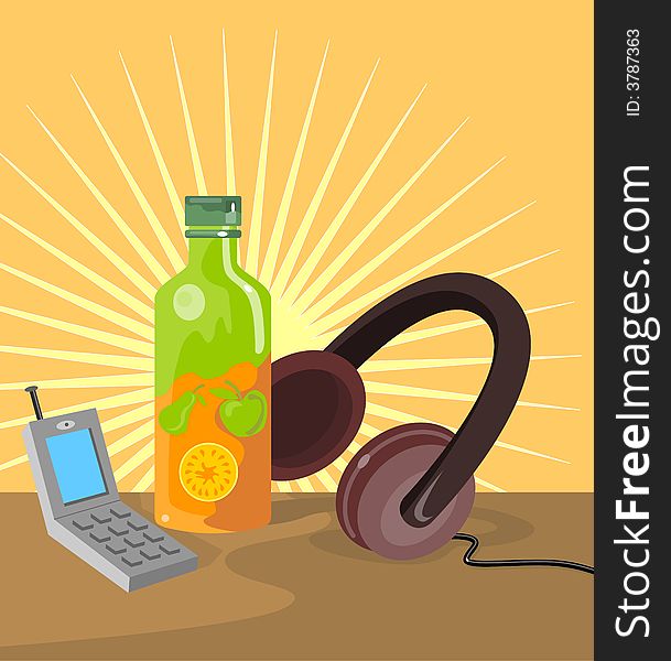 Vector art of a Bottle of juice with cellphone and headphones