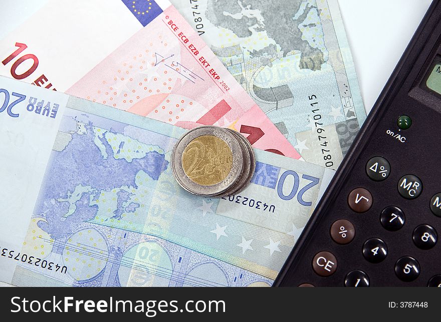 Closeup of Euro banknotes and coins. Closeup of Euro banknotes and coins