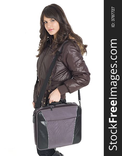 Young brunette teenager girl with laptop bag on white background. Young brunette teenager girl with laptop bag on white background.