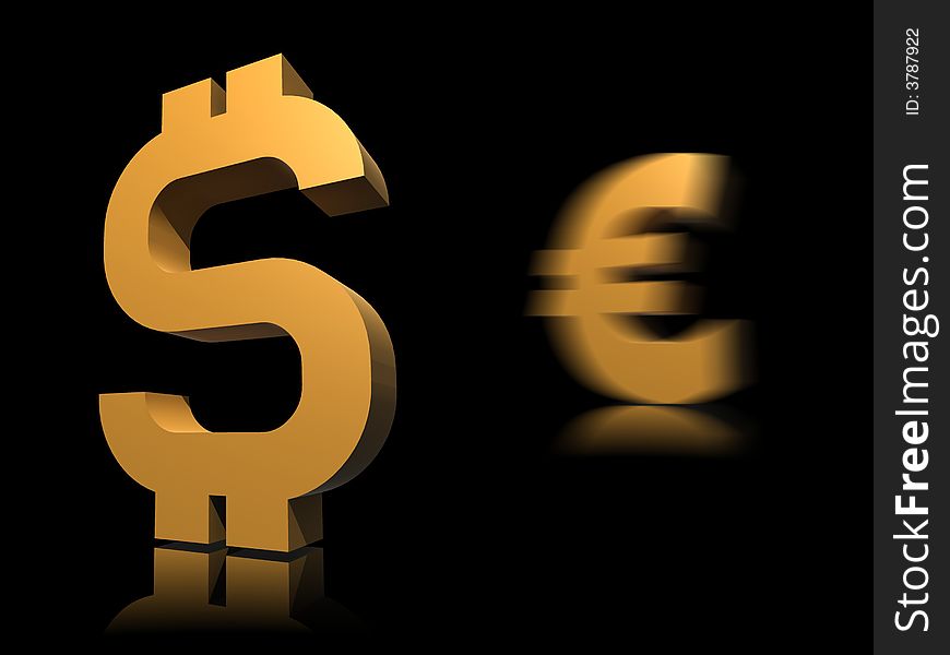 Gold dollar & euro symbol - 3d illustration isolated on black background