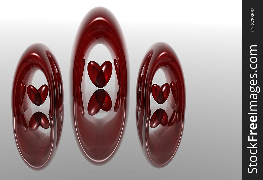 Valentine from three red transparent rings and hearts. Valentine from three red transparent rings and hearts