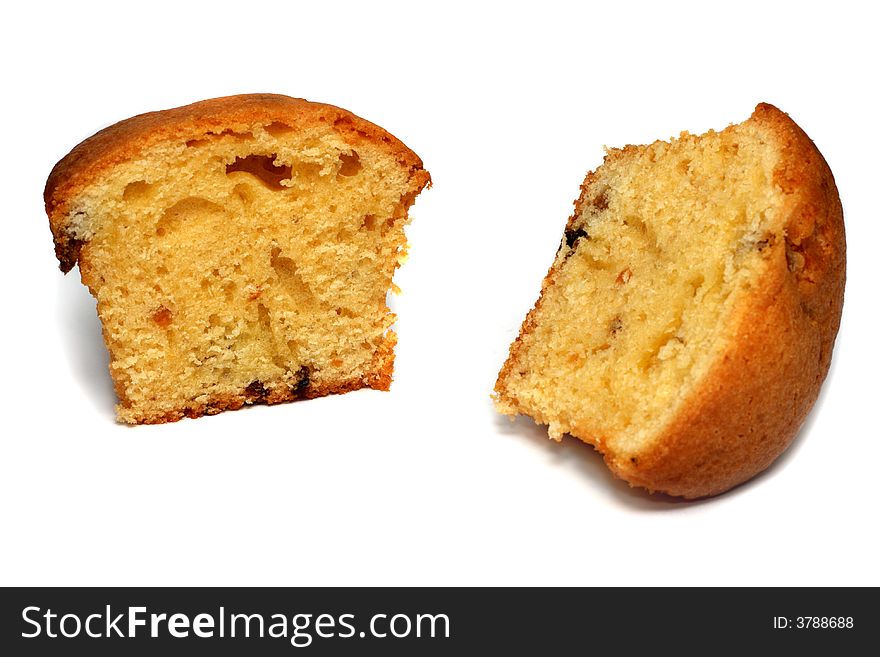 Two muffin pieces isolated on white background. Two muffin pieces isolated on white background