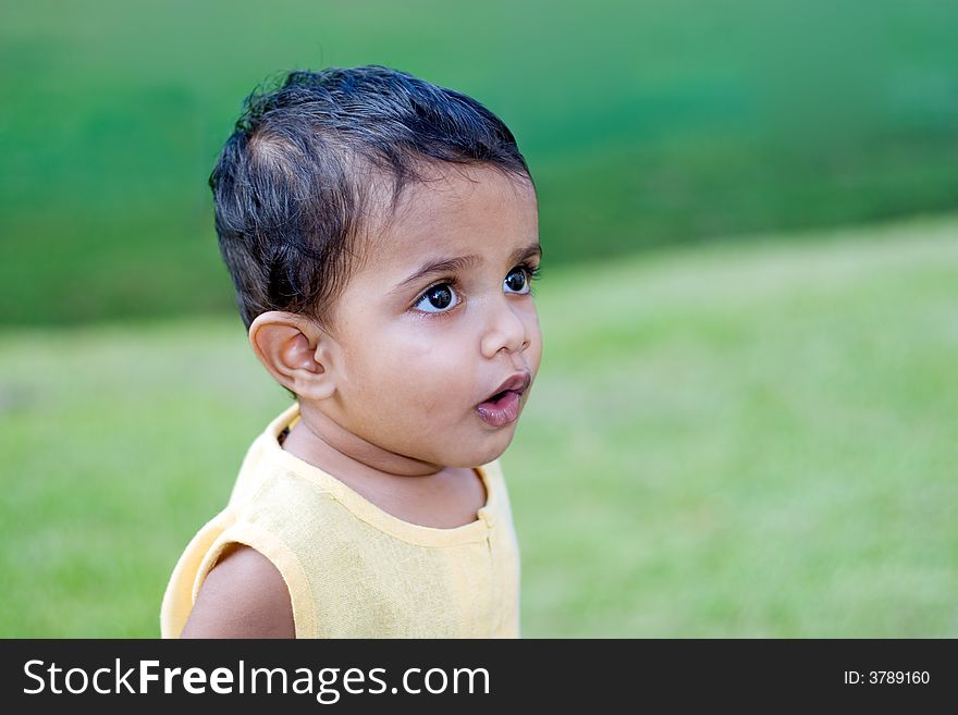 Two year old boy looking surprised while playing in the field. Two year old boy looking surprised while playing in the field